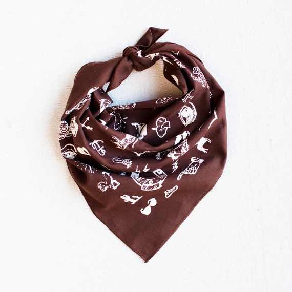 Brown Bandana for Men and Women, Fun Vintage Illustrations, Hand