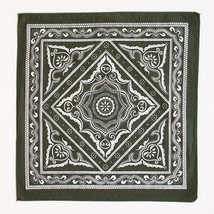 Olive Green Bandana, Classic Western Print, Hiking Accessory, Bandanas for Women and Men, Chef Gift, 100% Cotton, Made in USA, Useful Gift image 3
