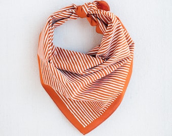 Striped Bandana, Marmalade Orange, Handprinted 100 % Cotton, Made in USA, Unisex Accessory, Bandanas for Women and Men, Hand Printed