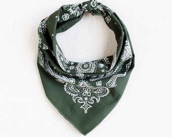 Olive Green Sketched Paisley Bandana, Hand Printed, 100% Cotton, Made in USA, Bandana for Women and Men, Useful Gift, Unisex Scarf