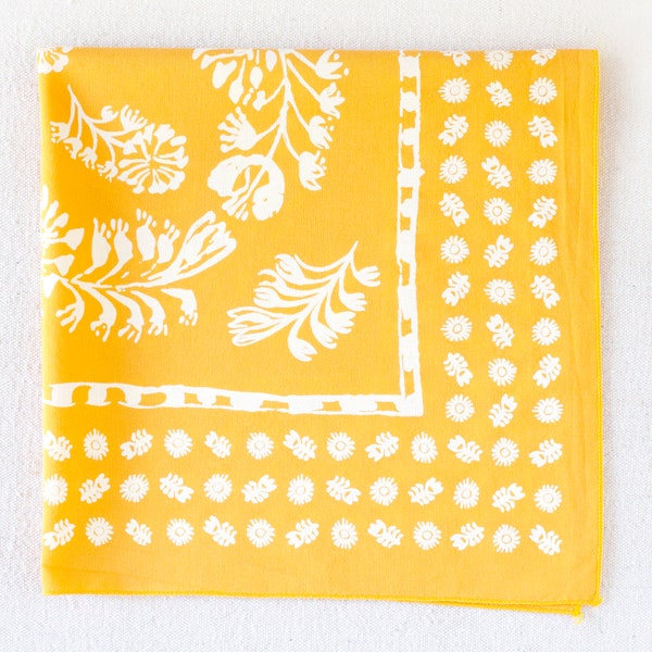 Golden Yellow Bandana for Women and Men, Gift for Gardener, Made in USA, All Cotton, Floral Print Bandana, Hand Screen Printed, Glass Onion