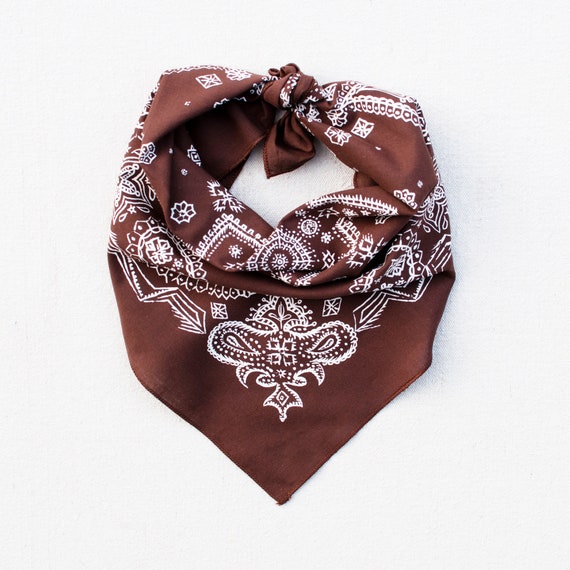 Brown Sketched Paisley Bandana, Hand Printed, 100% Cotton, Made in