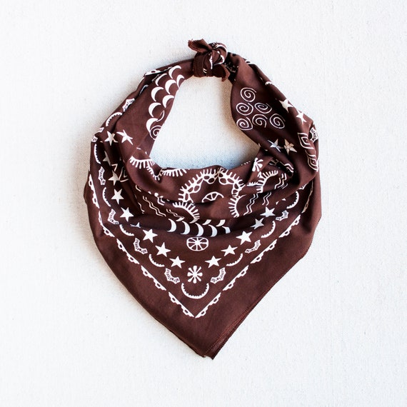 maryink Brown Bandana for Women and Men, Hand Screen Printed, 100% Cotton, Square Scarf, Made in USA, Four Elements Design