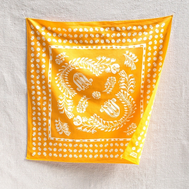 Golden Yellow Bandana for Women and Men, Gift for Gardener, Made in USA, All Cotton, Floral Print Bandana, Hand Screen Printed, Glass Onion image 2