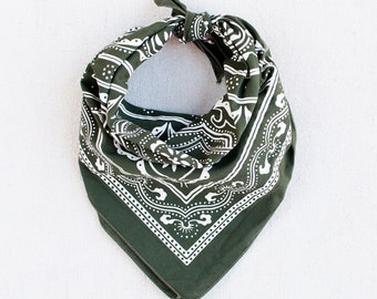 Olive Green Bandana, Classic Western Print, Hiking Accessory, Bandanas for Women and Men, Chef Gift, 100% Cotton, Made in USA, Useful Gift
