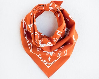 Hand Printed Orange Bandana, New Leaf Print, 100 % Cotton and Made in USA, Chef Accessory, Bandanas for Women and Men, Gift for Hiker