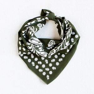 Bandanas for Women, Olive Green Bandana, Made in USA, Hand Printed Scarf, Floral Print Bandana, Gift for Gardener, Unisex Scarf