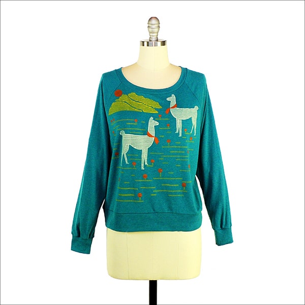 SALE Llamas in the Andes, Quirky Graphic Tee, Hand Screen Printed Long Sleeved Pullover Evergreen