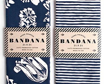Hand Printed Bandana for Women, Made in USA, Bandana for Men, Garden Gift, Hiking Gift, Blue Bandana, Bandana Set, Workwear Accessory