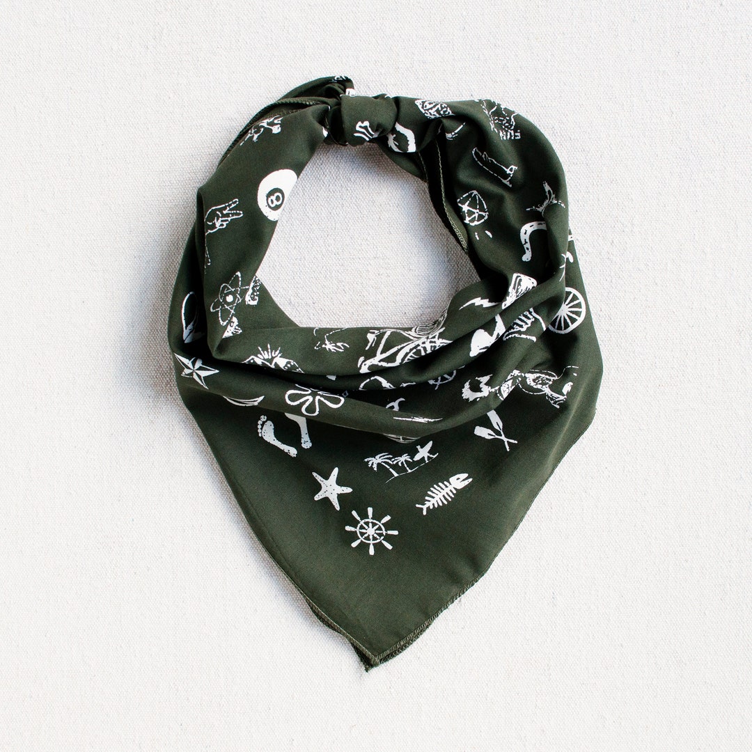 Olive Green Bandana for Women and Men, Fun Vintage Illustrations, Hand