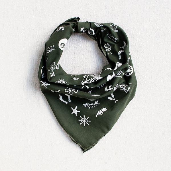 Olive Green Bandana for Women and Men, Fun Vintage Illustrations, Hand Screen Printed, Durable and Soft Bandana