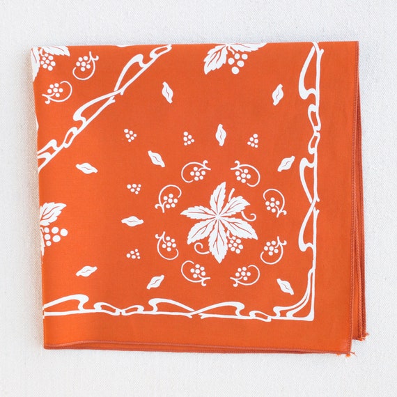 Hand Printed Orange Bandana, New Leaf Print, 100 % Cotton