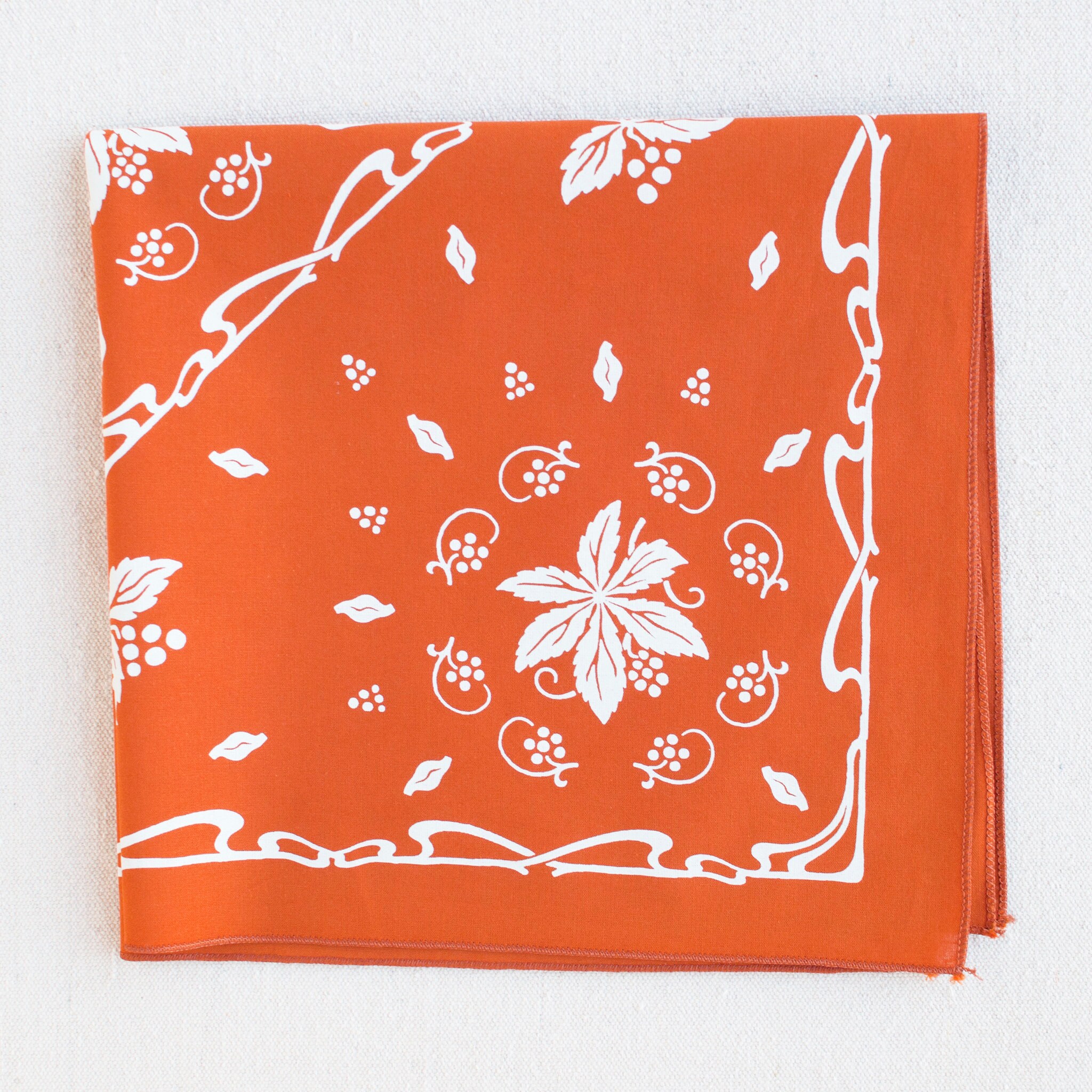 Hand Printed Orange Bandana, New Leaf Print, 100 % Cotton and Made in