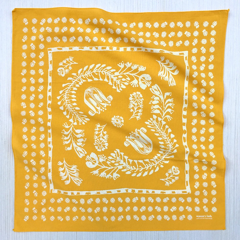Golden Yellow Bandana for Women and Men, Gift for Gardener, Made in USA, All Cotton, Floral Print Bandana, Hand Screen Printed, Glass Onion image 6