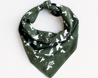 Bird Lover Gift, Olive Green Bandanas for Women and Men, Made in USA, Hand Printed Textile, Unisex Cotton Scarf, Flock of Birds Print