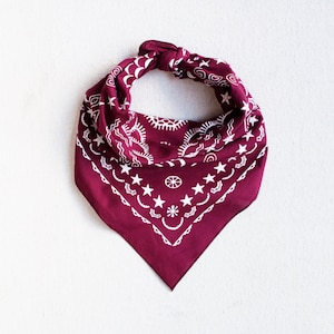 Mens Bandana, Hand Printed Bandana, Four Elements Design, Vintage Typesetting, Wine Red Bandana, Bandanas for Women