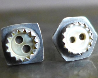 Tiny MOP Button Sterling Silver Stud Earrings, Rustic Upcycled Button Jewelry