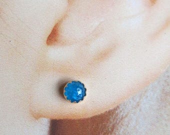 Neon Bright Blue Apatite Stud Earrings, Tiny 4mm Sterling Blue Stone Posts