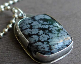 Natural Snowflake Utah Obsidian Necklace, Black Gray Silver Rectangle Mens Gemstone Jewelry