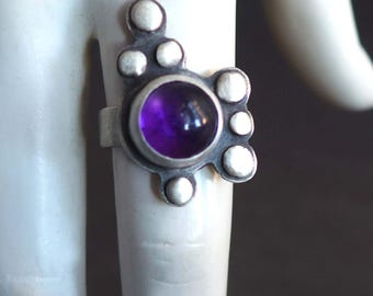 Amethyst Bubble Ring Size 6.75, Modernist Purple Gemstone Sterling Silver February Birthstone Ring