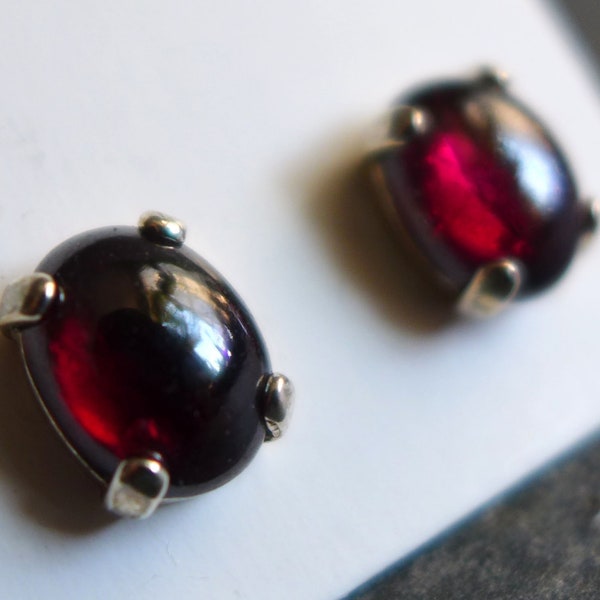 Garnet Stud Earrings, 7 x 9mm Oval Smooth Cabochon and Sterling Gemstone Earrings, Gift for Her, January Birth Stone, Deep Red Studs