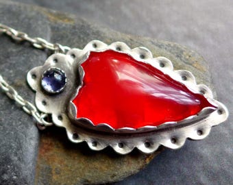Red Rosarita and Iolite Heart Necklace, Sterling Silver Gemstone Love Pendant