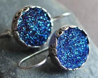 Cobalt Blue Druzy Glittery Earrings, Blue Sparkly Stone Earrings, Sterling Silver Blue Stone Magic Earrings, Gift for Her, Gift for Mom