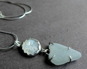 MOP Full Moon Face White Sea Beach Glass Heart Necklace, Celestial Love Beach Jewelry