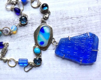 Scottish Blue Embossed Sea Glass Artisan Necklace, Sterling Silver Coastal Pendant, Genuine Beach Glass Ocean Lover Jewelry, One-of-a-Kind