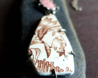 Collar de fragmentos de cerámica de playa, collar de playa, collar de ensamblaje de plata de ley de rodocrosita blanca marrón de cerámica marina griega