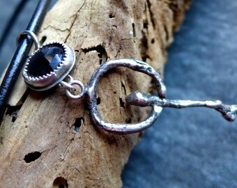 Sterling Silver Cast Twig and Onyx Necklace, Textured Woodland Winter Branch