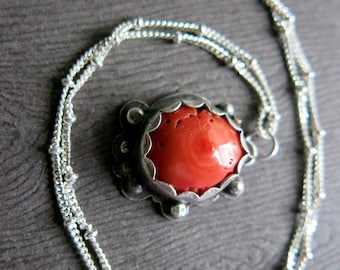 Bezel Set Mediterranean Red Coral Necklace, Artisan Organic Red Sterling Silver Gemstone Coral Pendant, Mother's Day, Gift for Her