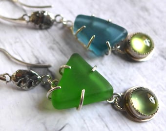 Chunky Asymmetrical Blue Beach Sea Glass Tourmaline Earrings, Vacation Statement Jewelry