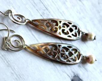 Carved MOP Drop Earrings, Reversible Boho Sterling Silver Long Iridescent Shell Freshwater Pearl Jewelry