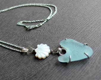 Light Green Sea Glass MOP Scallop Heart Necklace, Beach Lover Jewelry, Love Gift
