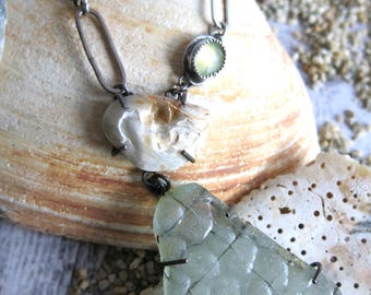 OOAK Green Beach Glass Necklace Shell, Prehnite, Sterling Silver, Safety Wire Glass
