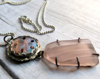 Pink Glass Sand Dollar Beach Glass Necklace, Iridescent Sterling Silver Seashore Pendant