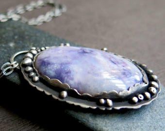 Purple Morado Opal Statement Necklace, Sterling Silver Barnacle Oval Large Violet Flame Marbled Stone Pendant, Textured Organic Jewelry