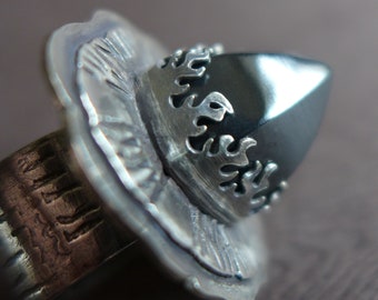 Hematite Bullet Sterling Fire Bezel Gothic Silver Statement Ring, Size 8.5