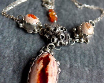 Mexican Fire Opal Necklace, Sterling Silver Pendant, Textured Silver Jewelry, Barnacle Seashore Design, Coastal Artisan Necklace