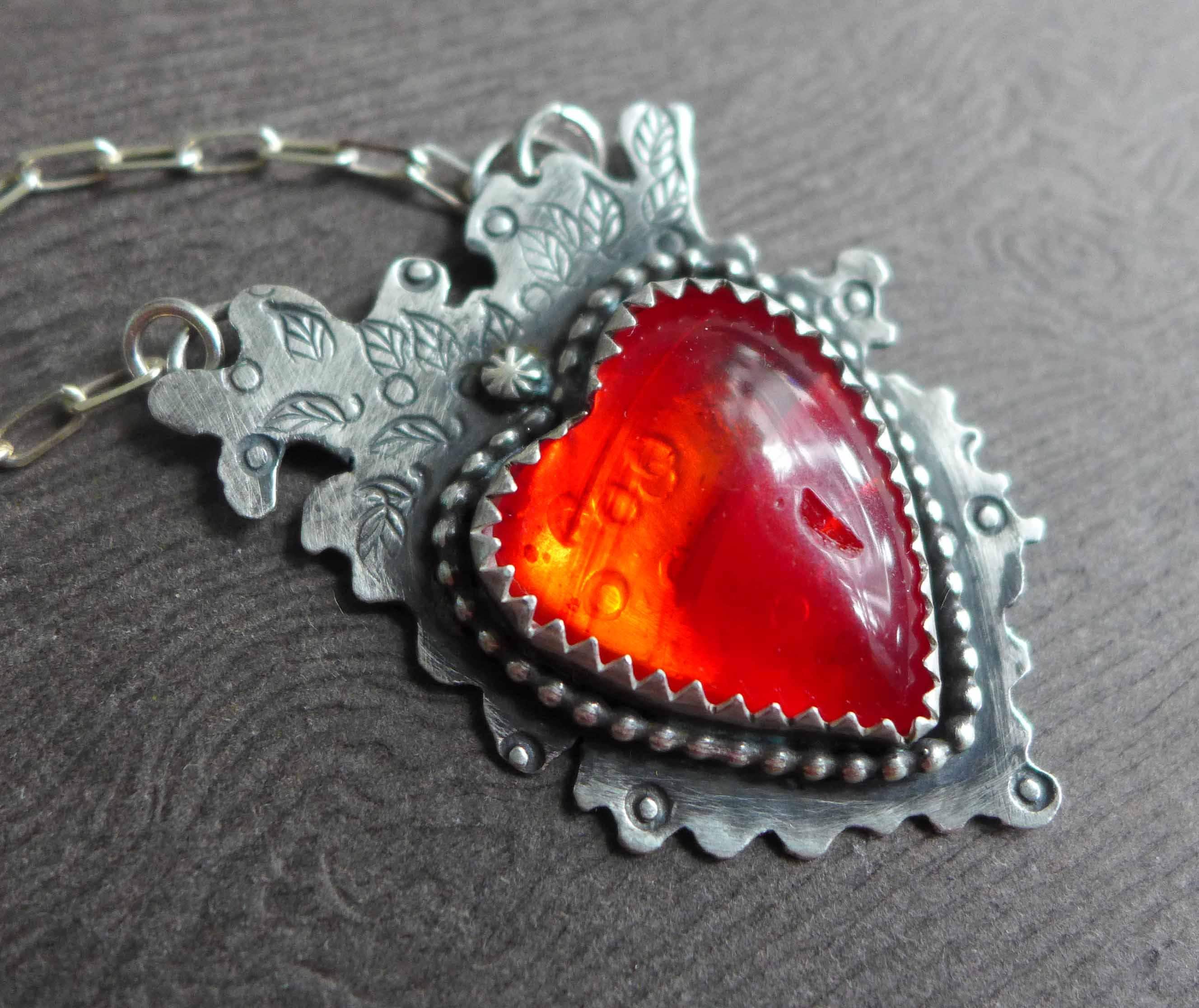 Translucent Red Rosarita Heart Sterling Silver Pendant Necklace, Statement Love Heart Gemstone Necklace, Gift for Her, for Mom, Love Gift