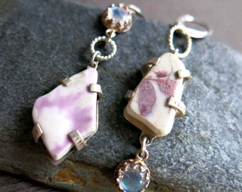 Beach Sea Pottery Earrings, Asymmetrical Moonstone Lavender Ceramic Vacation Jewelry