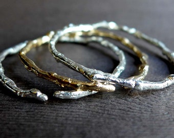 Textured Twig Thin Cuff Bracelet, Sterling Silver Stackable Twig Bracelet, Wedding Twig Artisan Bracelet, Winter Branch Jewelry