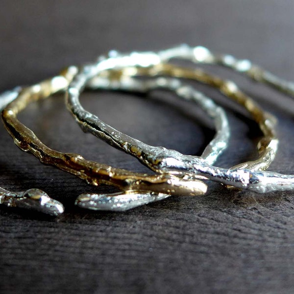 Textured Twig Thin Cuff Bracelet, Sterling Silver Stackable Twig Bracelet, Wedding Twig Artisan Bracelet, Winter Branch Jewelry