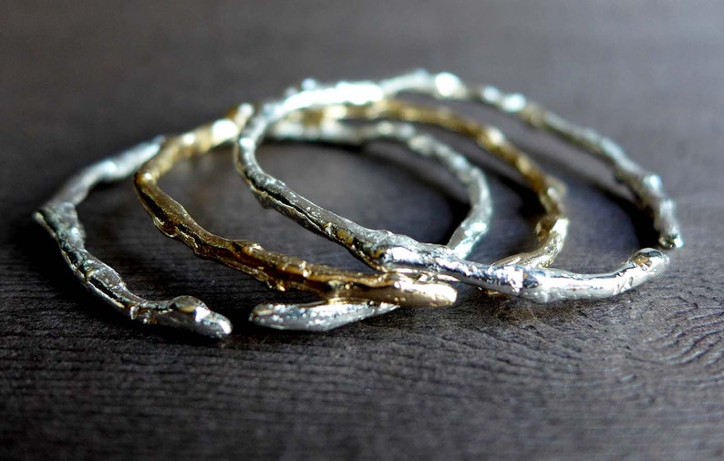 Textured Twig Thin Cuff Bracelet, Sterling Silver Stackable Twig Bracelet, Wedding Twig Artisan Bracelet, Winter Branch Jewelry image 1