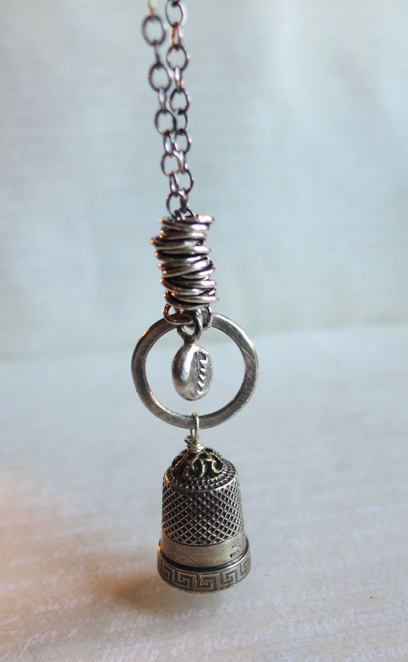 Vintage Sterling Silver Thimble Necklace, Heirloom Thimble Labradorite Necklace, Mother's Day Gift, OOAK Vintage Silver Needlework Necklace image 5