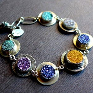 Titanium Druzy Bracelet, Multicolor Metallic Druzy Cabochon Sterling Silver Artisan Bracelet, Yellow Purple Violet Blue Green Aqua