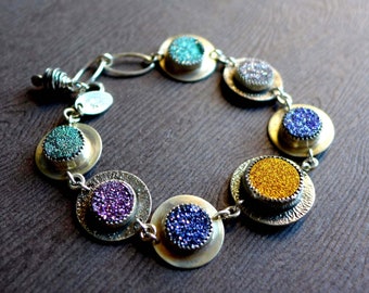 Multicolor Titanium Druzy Sterling Silver Artisan Bracelet, Textured Reticulated Silver
