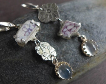 Beach Sea Pottery Earrings, Asymmetrical Moonstone Ceramic Earrings, Lavender White Sterling Silver Earrings, Vacation Jewelry, Gift for Her
