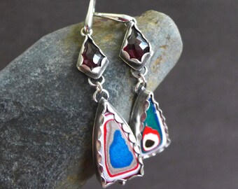 Ohio Kenworth Truck Fordite, Garnet and Sterling Silver Earrings, Triangle Geometric Car Paint Detroit Agate OOAK Automotive Earrings
